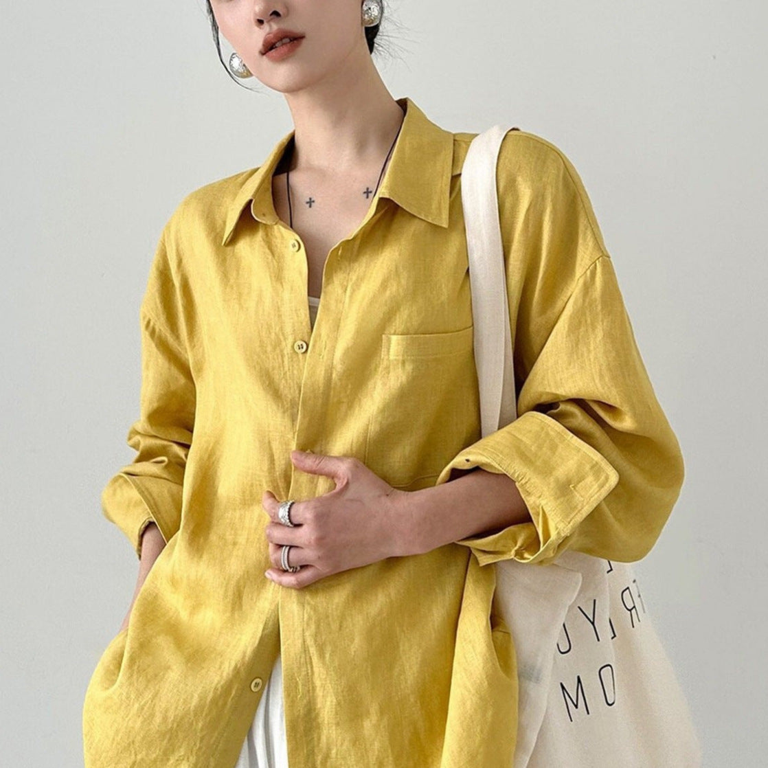Camisa de linho simples e versátil para mulher