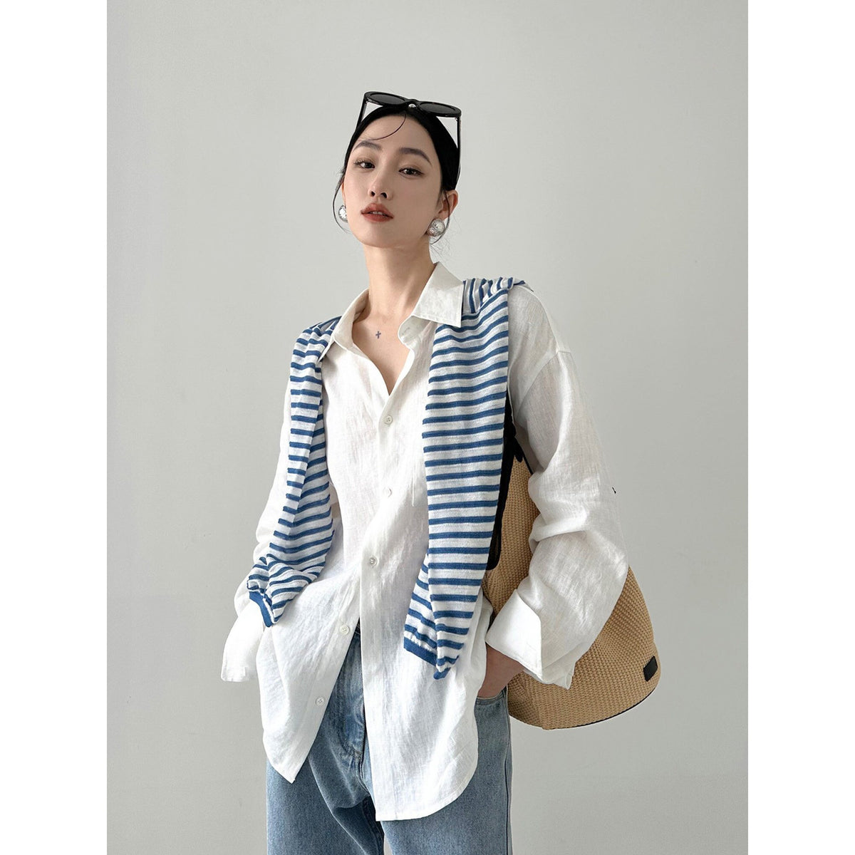 Camicia top da donna in lino, semplice e versatile