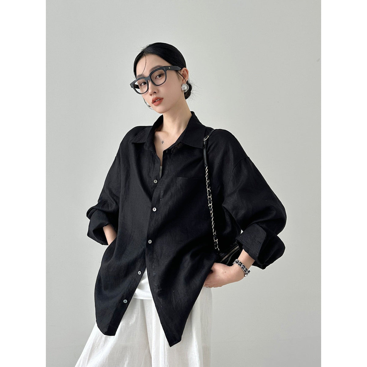 Camicia top da donna in lino, semplice e versatile