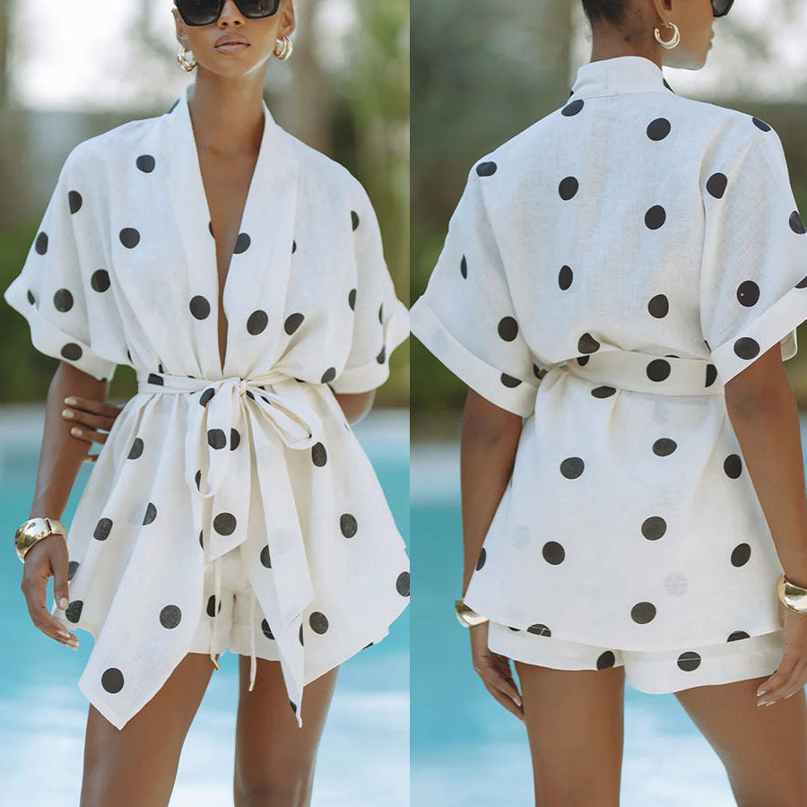 Conjunto de calções em linho com padrão de pontos, conjunto de duas peças largo para mulher