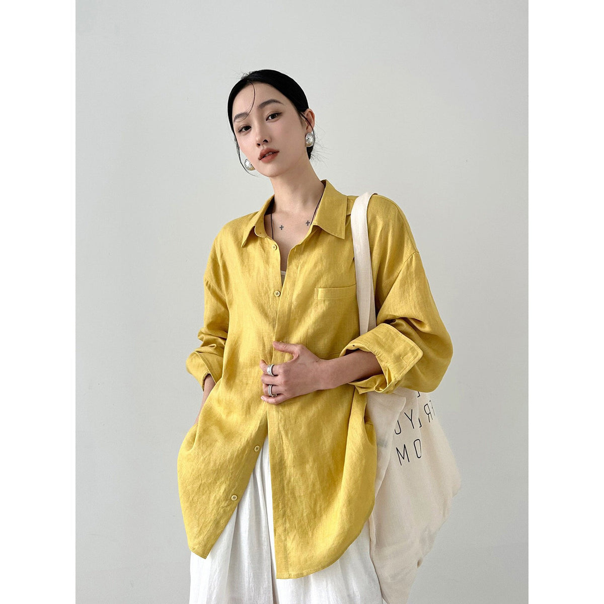 Camicia top da donna in lino, semplice e versatile